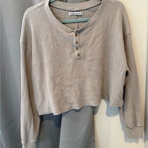 Abercrombie & Fitch Women's Sage Green Waffle Henley Long-Sleeve Top